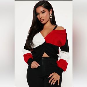 Fashion nova twist sweater red combo size large
